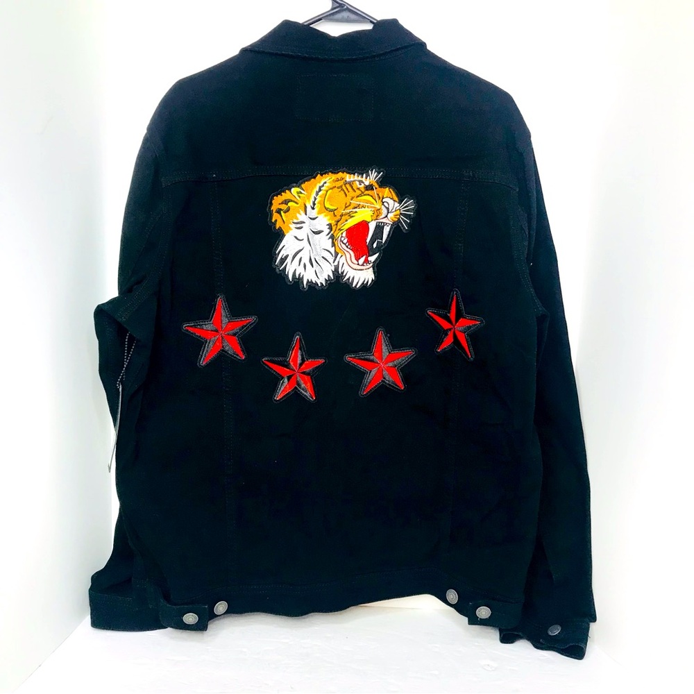 Members Only Black Denim Jacket Mens Large Tiger & Stars Patches New NWT